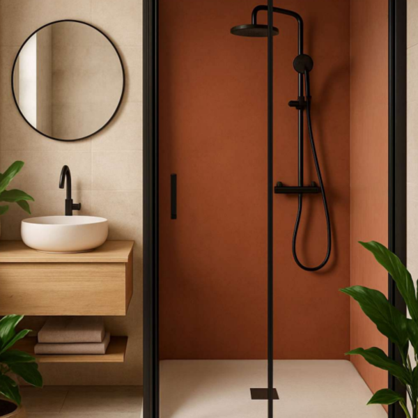 Prix douche senior avec receveurs douche extra plat antidérapant FUTURA NÉO à Bordeaux, Paroi Coulissante noir 2 vantaux 1200x1950mm  et verre easy clean anti calcaire