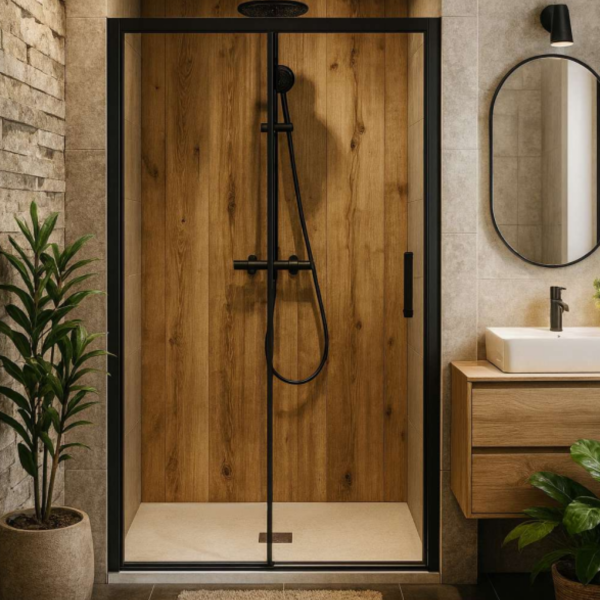 Prix douche senior avec receveurs douche extra plat antidérapant FUTURA NÉO à Bordeaux, Paroi Coulissante noir 2 vantaux 1200x1950mm  et verre easy clean anti calcaire