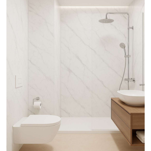 Remplacement baignoire par douche senior FUTURA NÉO 1400x1000mm antidérapant PN24 à Bordeaux avec paroi pliante 900mm aluminium satin et panneau mural CARRELO marbre blanc