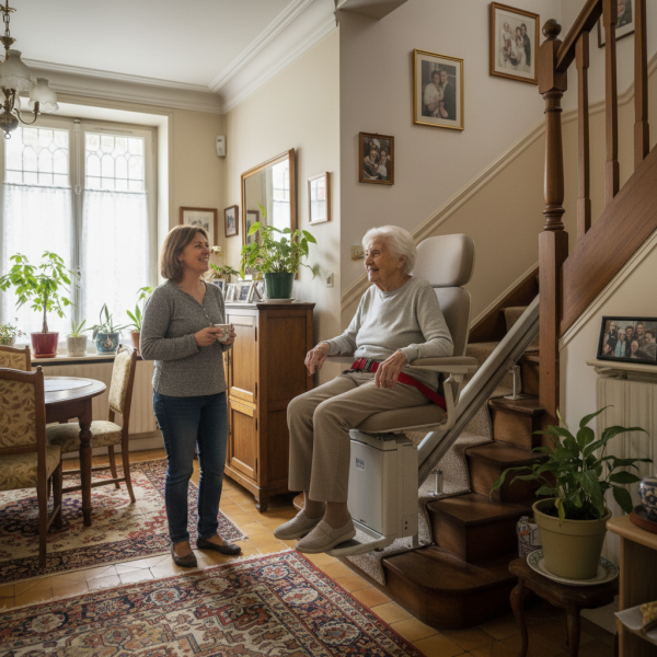 Entreprise spécialisée en monte-escalier intérieur droit pour senior à Bordeaux vers Pessac avec siège pivotant automatique et ceinture de sécurité en Gironde 33000