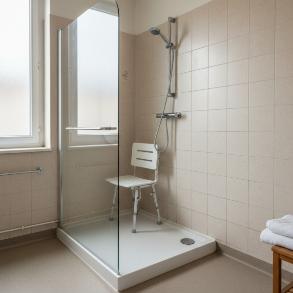 Entreprise spécialisée en douche senior à Bordeaux pour remplacement de baignoire par bac extra-plat 3 cm avec siège rabattable et paroi verre sécurit en Nouvelle-Aquitaine 33000