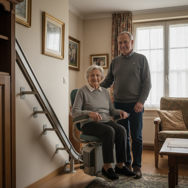 Expert en monte-escalier intérieur pour escalier étroit dédié aux seniors à Bordeaux vers Pessac avec encombrement replié minimal et accoudoirs rabattables en Gironde 33000