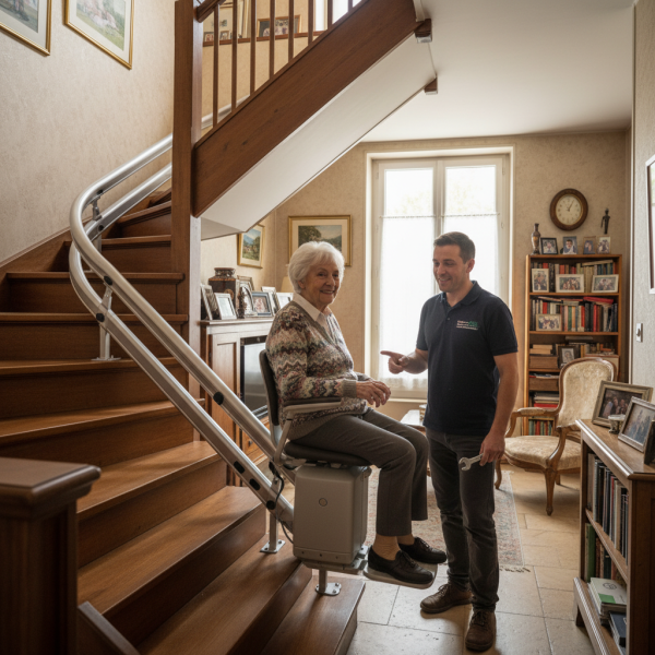 Installateur de monte-escalier intérieur quart tournant pour PMR à Bordeaux vers Pessac avec fixation sur marches sans gros travaux et capteurs d’obstacles en Gironde 33000