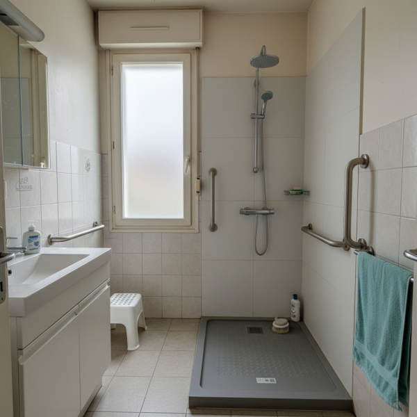 Installation de douche senior à Bordeaux 2026 avec receveur extra-plat en résine antidérapante norme PN18 et barre d'appui sécurisée en Nouvelle-Aquitaine 33000