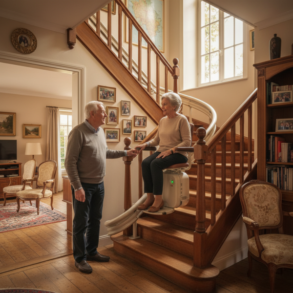 Installation de monte-escalier intérieur à rail relevable pour famille avec escalier bois à Bordeaux vers Pessac et sécurité anti-choc intégrée en Gironde 33000