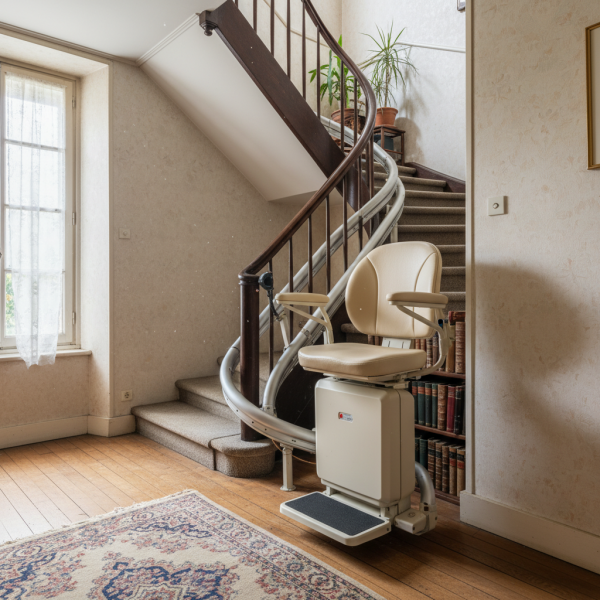 Installation monte-escalier intérieur en colimaçon pour personne handicapée à Bordeaux vers Pessac avec capteurs de sécurité et freinage d’urgence intégré en Gironde 33000