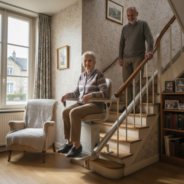 Monte-escalier intérieur automatique escalier droit pour senior en perte d’autonomie à Bordeaux vers Pessac avec arrêt progressif et repose-pieds motorisé en Gironde 33000