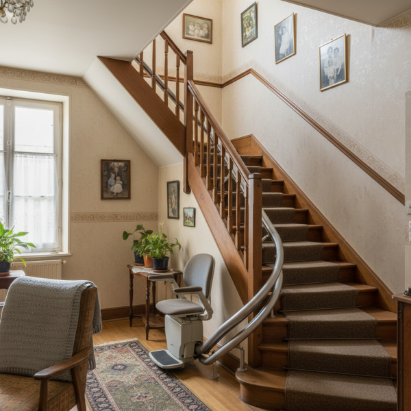 Monte-escalier intérieur rail double pour escalier tournant étroit à Gradignan proche Bordeaux avec étude gratuite et pose précise sans modification structurelle en Gironde 33170