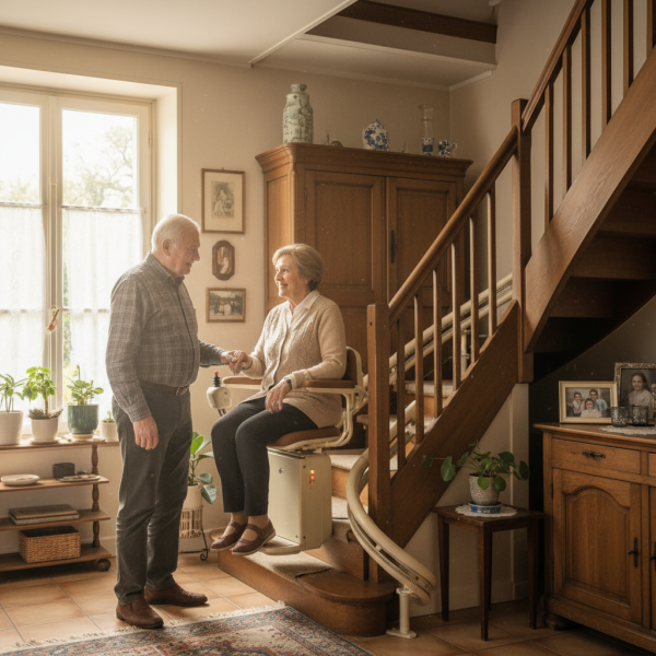 Spécialiste du monte-escalier intérieur double tournant pour escalier complexe à Gradignan proche Bordeaux avec transmission à crémaillère et démarrage progressif en Gironde 33170