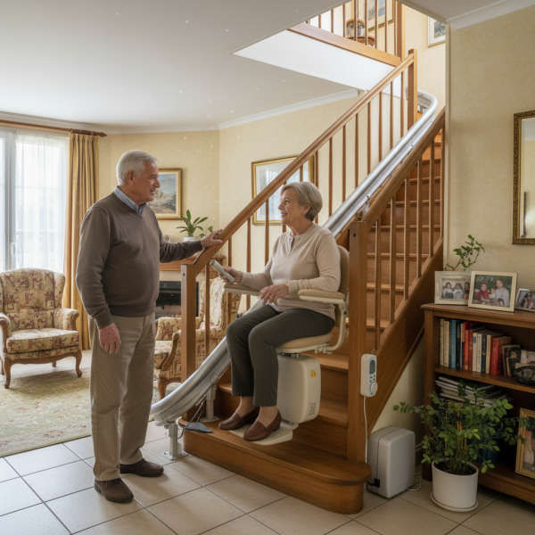 Tarif monte-escalier intérieur électrique pour couple de retraités à Gradignan proche Bordeaux avec batterie de secours et télécommande murale en Gironde 33170